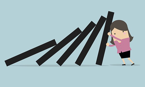 Illustration of a woman shouldering the burden of falling dominoes and struggling to cope with the weight