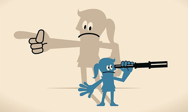 illustration shows a figure with a worried expression looking to their left through a telescope, with a much larger figure in shadow pointing in the opposite direction