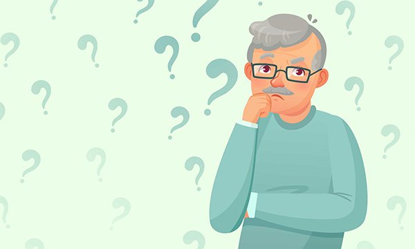 Image of man contemplating, with question marks around him