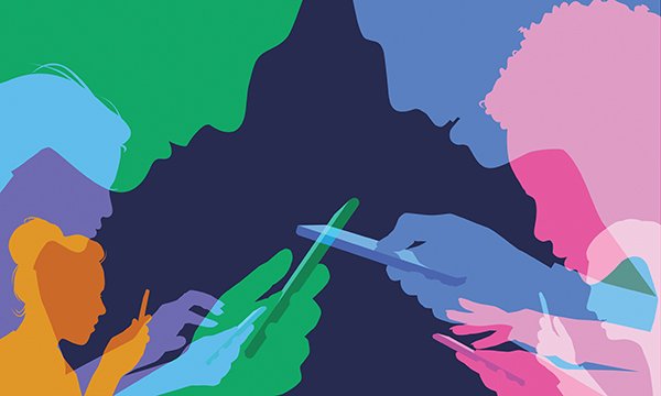Vector image shows overlapping silhouettes of mobile phone users. Ricky Baker describes how children’s nursing students benefit from sharing their knowledge in online chat groups.