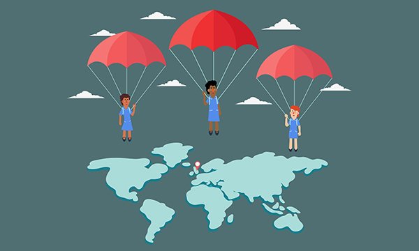 Illustration showing nurses parachuting into the world map, with the UK as their destination point on the map
