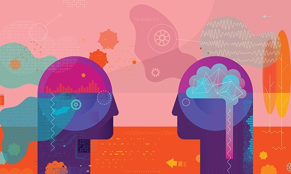 Illustration showing mechanical devices inside human-shape heads, representing research