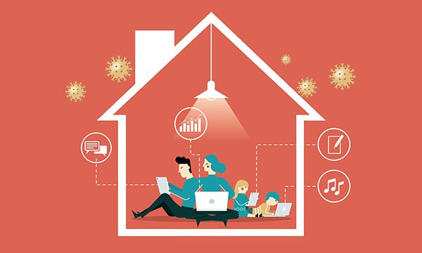 Illustration of people working within a house, with COVID-19 molecules outside. Picture: iStock