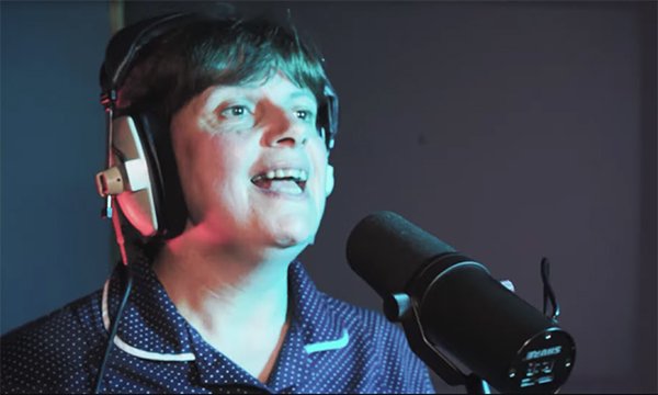 Community nurse Maria Levesley, sings in the studio to record her SSKIN song that raises awareness of pressure ulcers