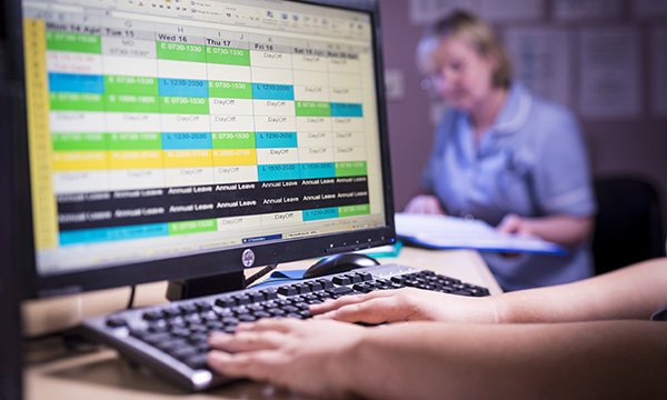 Picture shows a screen at a nurse station displaying shift patterns