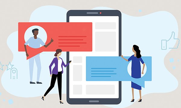 Digital image of a smartphone with figures around it completing survey questions