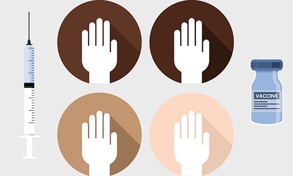 Computer image of vaccine ampoule and needle with hands representing various ethnic groups