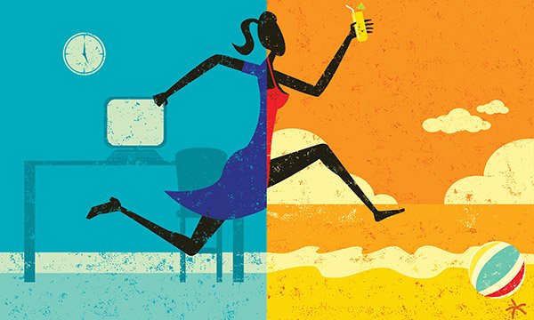 Image shows silhouette a running figure divided down the middle, one half in a hospital in nurse's uniform and the other in casual dress at the beach