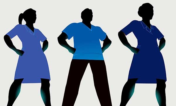 Image depicts three figures representing nurses, standing arms akimbo