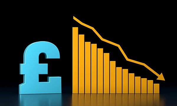 Image of a pound symbol next to a line of columns that become shorter as an arrow above them points down  