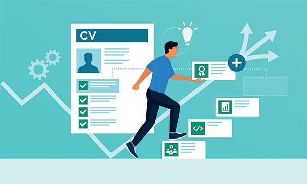 Illustration shows man walking with confidence up stairs 