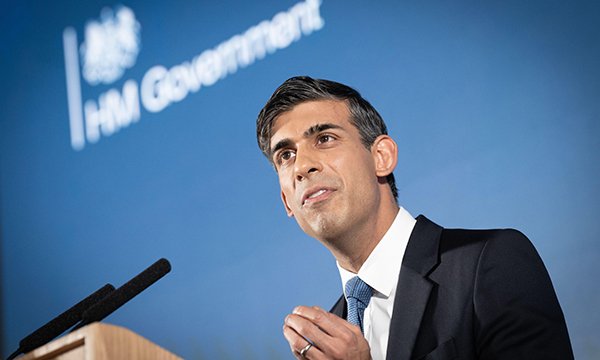 Prime minister Rishi Sunak speaking in London today