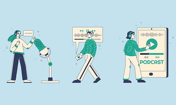 Illustration shows the making of a podcast: from recording, via listening and editing to the final stage of being available to listen to or download