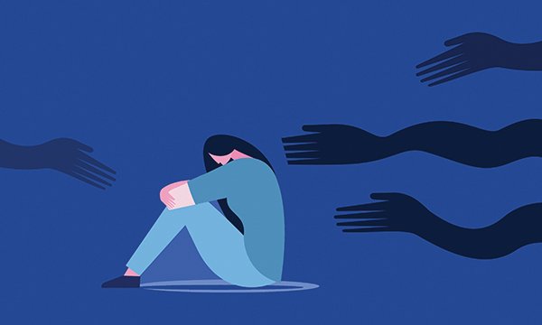 Illustration of a vulnerable woman sitting down alone with four hands and arms invading her space