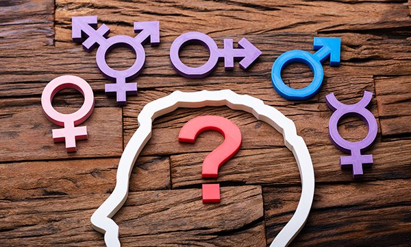 Gender dysphoria represented by symbols in and outside of  a head shape