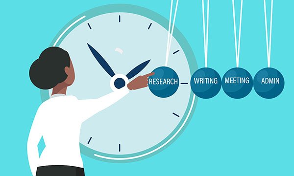 Illustration of woman viewing a clock and time demands