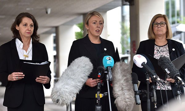 From left, Pascale Jones from the Crown Prosecution Service, Detective Chief Inspector Nicola Evans and family liaison officer Janet Moore speaking outside court after nurse Lucy Letby was convicted
