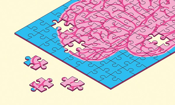 A jigsaw puzzle of a human brain with three pieces missing from the completed puzzle