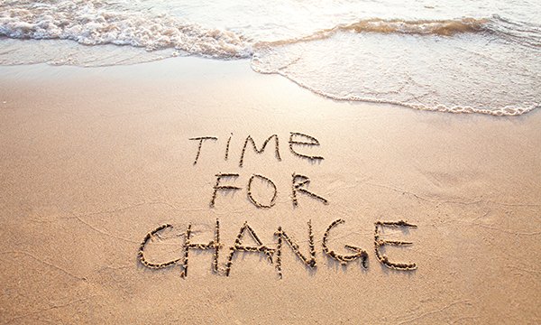 Time for change written in sand on a beach