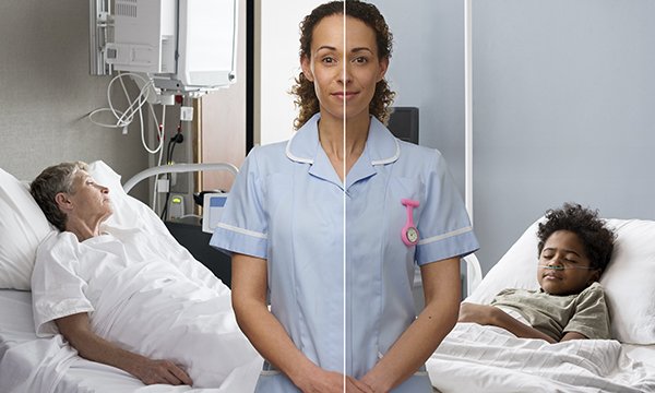 A nurse with a line halfway through her face and body with one side showing her as an adult nurse and the other side as a children’s nurse