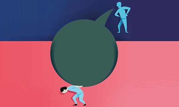 Illustration of bullying shows two people, one is aggressive. Giant speech bubble from him weighs heavily on the back of the other person