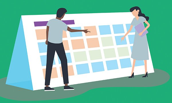 Illustration showing two nursing team members in uniform standing pointing at a huge shift roster, as if discussing filling or swapping shifts