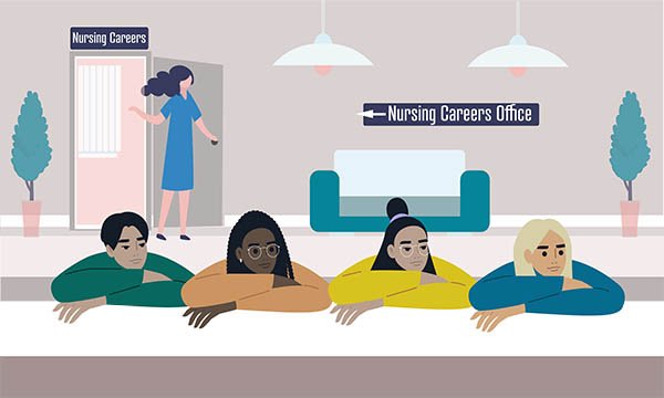 Image of four students turning their backs on a beckoning figure standing at a doorway labelled ‘Nursing Careers’
