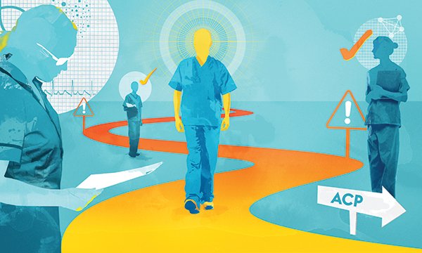 Image shows a nurse walking along a winding path in the direction of an arrow pointing to ‘ACP’. The path is flanked by other clinicians