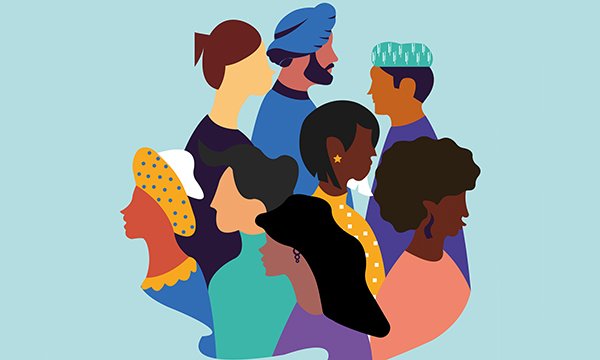 Image showing a group of people in profile representing different races and cultures, with different dress, hair colour and skin colour