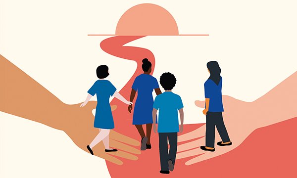 Illustration showing several nurses in uniform, seen from behind, walking along a winding pathway towards the words ‘nmc SIFE pathway’, with two large hands supporting them