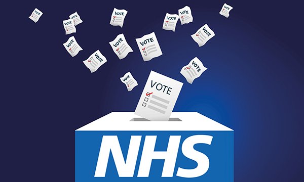 Illustration of nurses’ general election voting decisions show ballot papers flying down into a ballot box marked ‘NHS’