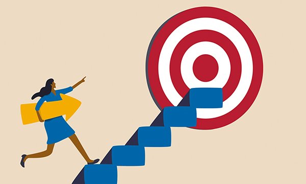 Image of a nurse holding a large arrow and pointing to a target as she runs up a flight of steps, as if planning her future career moves
