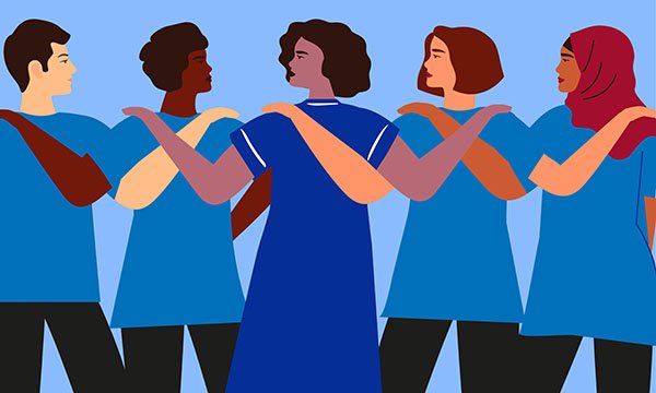 Illustration showing five nurses with their arms linked in a show of strength and unity