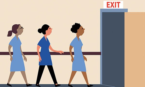 Illustration hsowing three nurses in uniform walking towards the exit door in a workplace, suggesting staff leaving their jobs