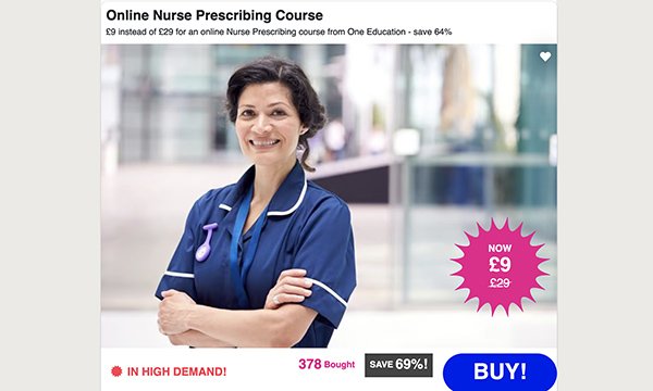 Wowcher webpage showing nurse prescribing course offered for £9