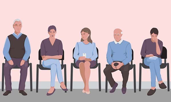 Illustration showing five people who are sitting on chairs in an emergency department waiting area