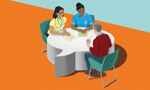 An illustration of a doctor and nurse looking concerned as they sit and listen to an older man who has a cup of tea in his hand   Picture: Daniel Mitchell