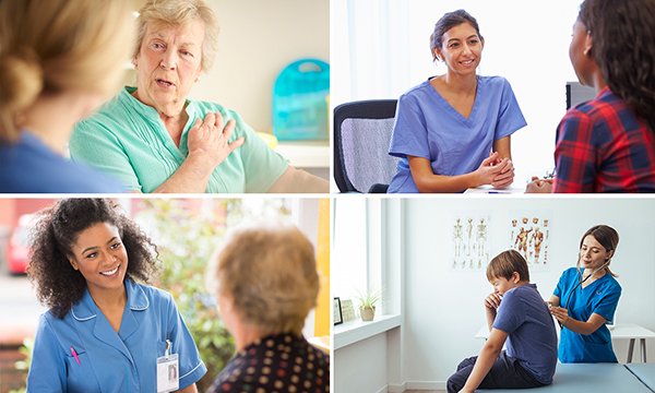 A montage of 4 different images, starting clockwise from top left: an older patient holds their shoulder as they discuss their symptoms with a nurse; a young patient talks to a nurse in a healthcare setting; a practice nurse uses a stethoscope to examine 