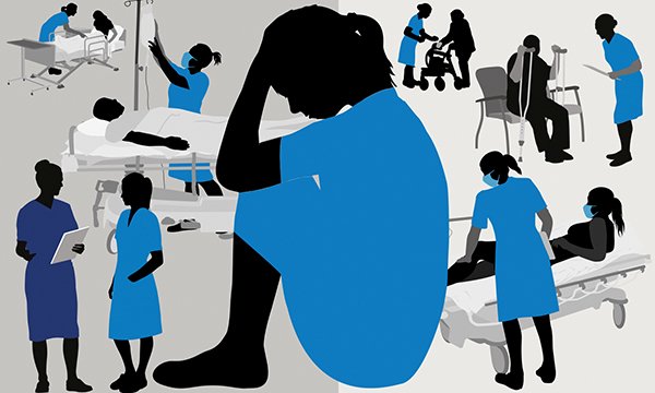 Images of a nurse squatting down due to exhaustion against a background showing nurses doing various tasks