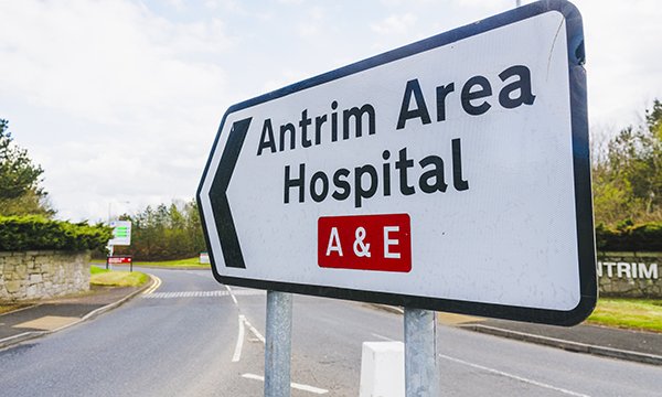 Photo of Antrim Area Hospital sign, where nurses working locally were targeted in a racist attack