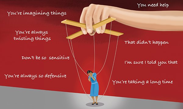 Distressed nurse surrounded by gaslighting and bullying phrases, shown in puppet illustration