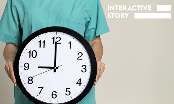 Nursing shifts: the evidence on safe rota patterns and shift lengths, as well as nurse preference, depicted by a nurse in uniform holding a large clock, with the words ‘interactive story’ over the image