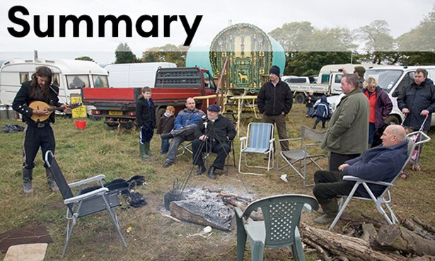 Gypsy and Traveller communities experience suboptimal outcomes in general health, chronic conditions, life expectancy and mental health. Image shows a Gypsy site with open firepit and caravans