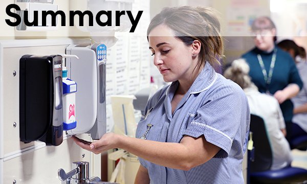 d hygiene is crucial in reducing the transmission of pathogens. Image shows nurse using a wall-mounted hygiene gel dispenser