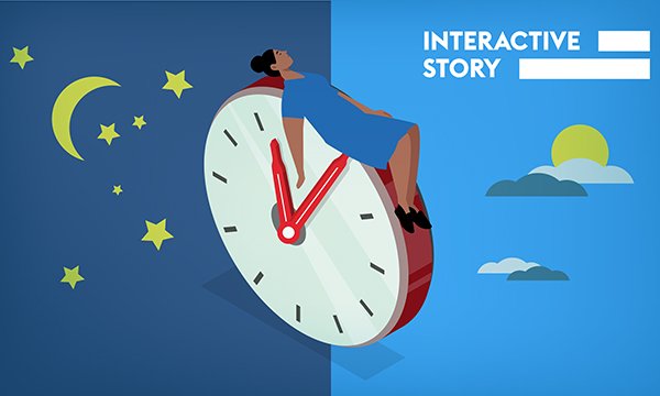 Working night shifts can disrupt the body’s natural rhythms and the brain and digestive system need time to adjust. Illustration shows a nurse lying and sleeping on a round clock which is indicating it has gone midnight, she is floating in the night sky o