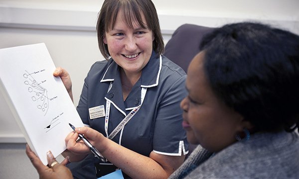 Nurse consultants have a high level of expertise in their area of care; a nurse consultant talks to a patient, explaining something with a smile while showing them a diagram   