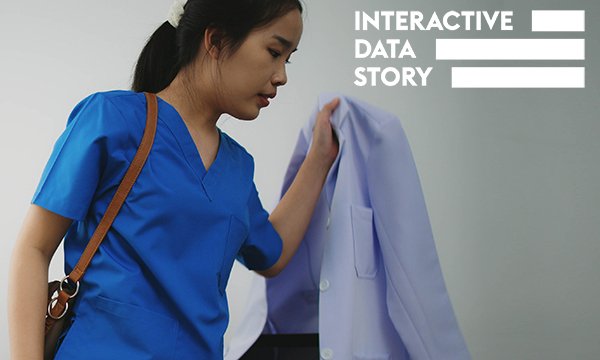 A nurse in uniform leaving her shift