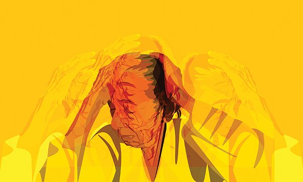 Total pain goes beyond physical pain to encompass its psychological and spiritual impact; illustration shows an older woman clutching her head with the image repeated in transparent layers to highlight the many facets of pain