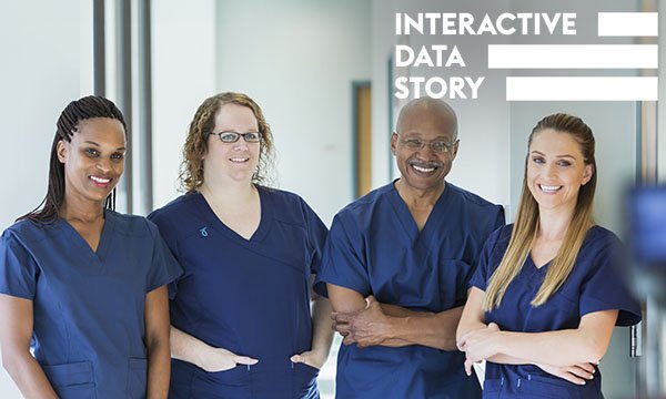 NMC-registered nursing professionals: registrants across the UK, represented by four nursing professionals in uniform standing in a hospital corridor