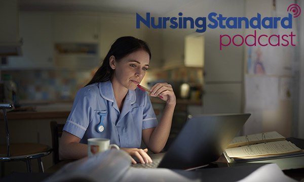 A nurse looking at a screen at the nurses' station in a darkened hospital at night. Shift work can affect nurses’ well-being due to its impact on home and social life, as well as diet and sleep.